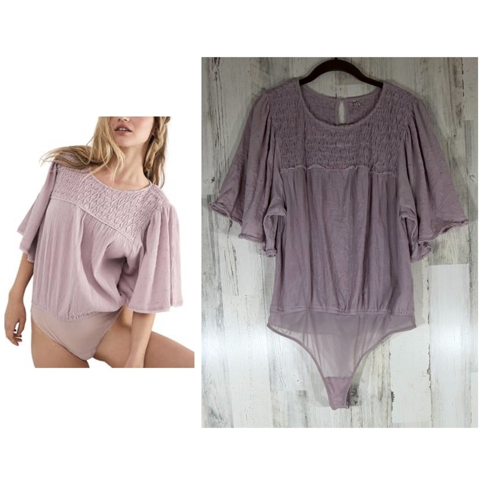 Free People Intimately Perfect Catch Bodysuit Large Mauve Smocked Flutter Sleeve
